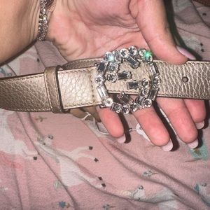 Gucci Crystal Belt Interlocking G Metallic Calfskin Leather Swarovski With Box